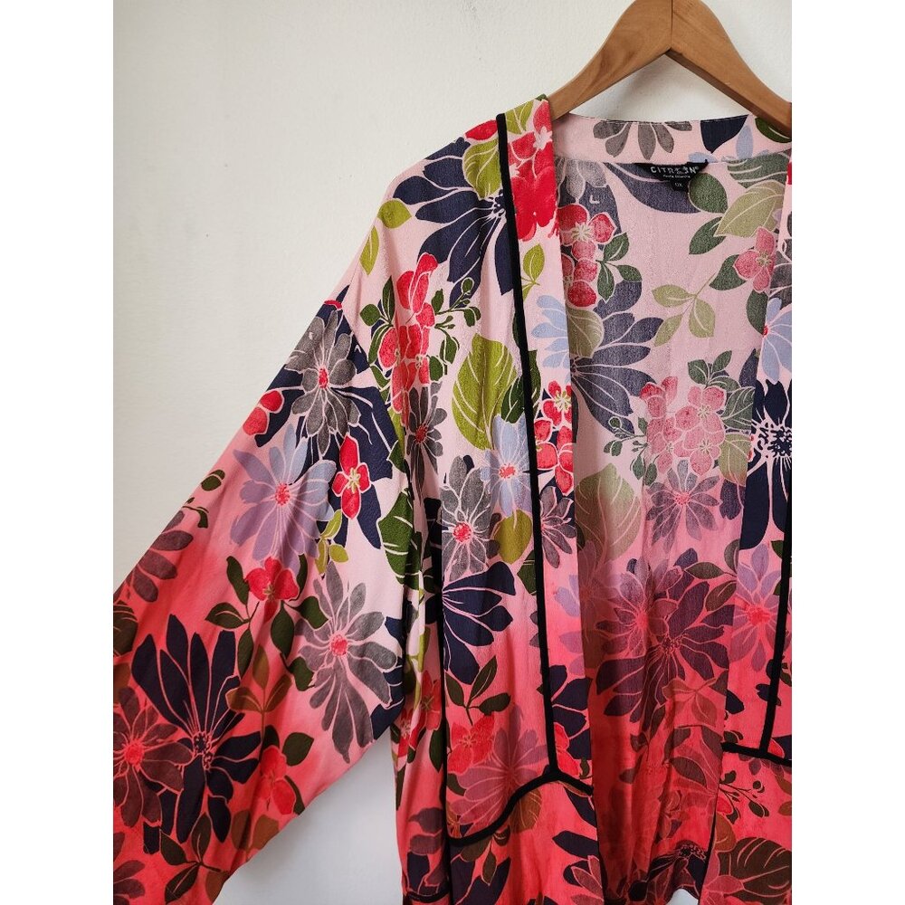 Citron pink red ombre floral kimono cardigan 0X 18-20W